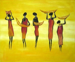 Group of women in oil painting.