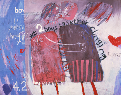 "WE TWO BOYS TOGETHER CLIINGING" 1961 OIL ON BOARD 48 X 60" © DAVID HOCKNEY